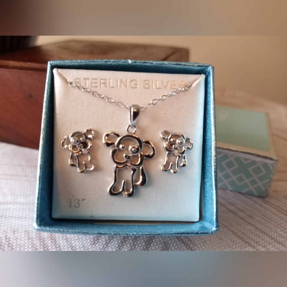 Sterling Silver "Simply Silver Kids" Dog Necklace And Earring Set